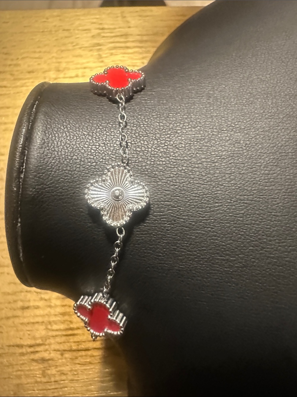 LSJ Stainless Steel Bracelet with Red Clover Accent